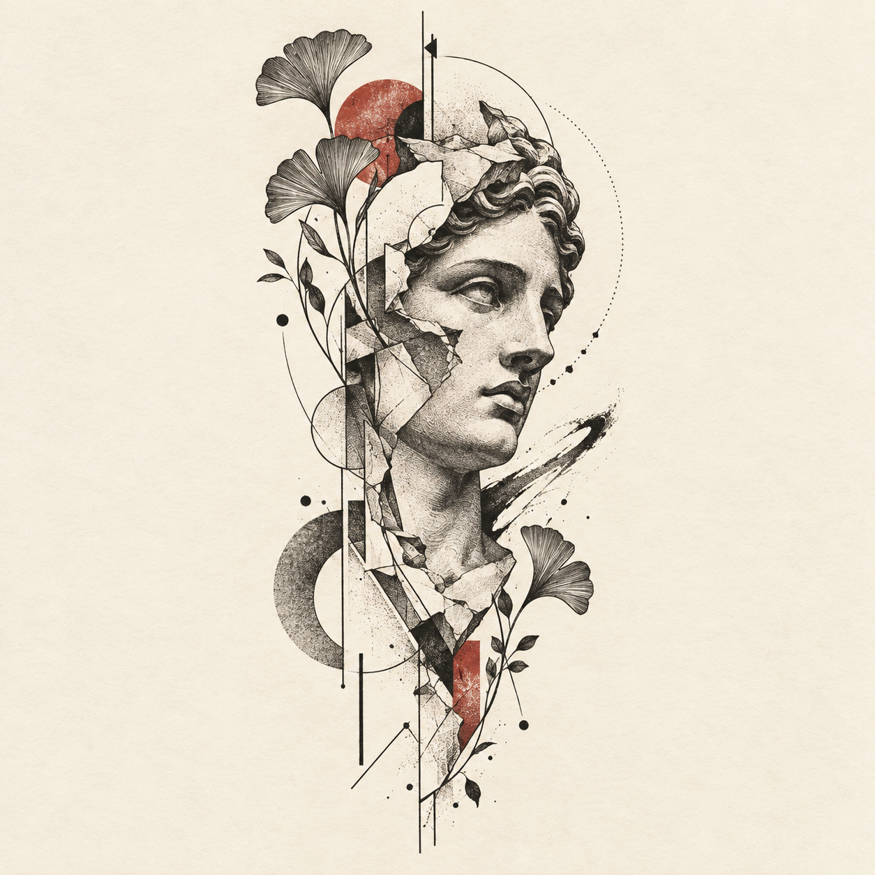 Original abstract tattoo combining a fragmented sculptural portrait, fine-line geometry and ginkgo leaves