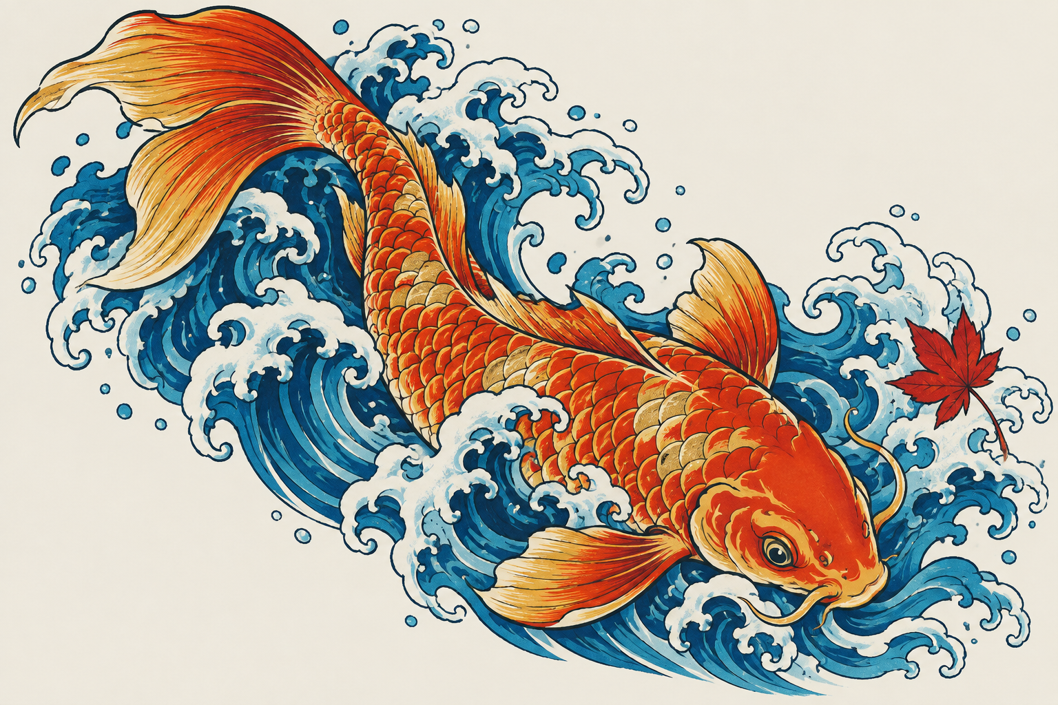 Vermilion and gold koi sweeping through cobalt-blue waves