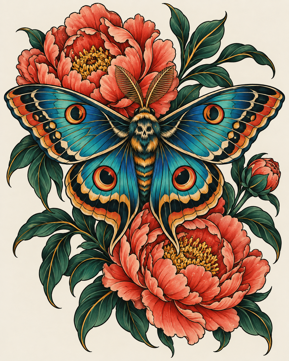 Vibrant cobalt and turquoise moth with coral peonies and emerald leaves, an illustrative tattoo design