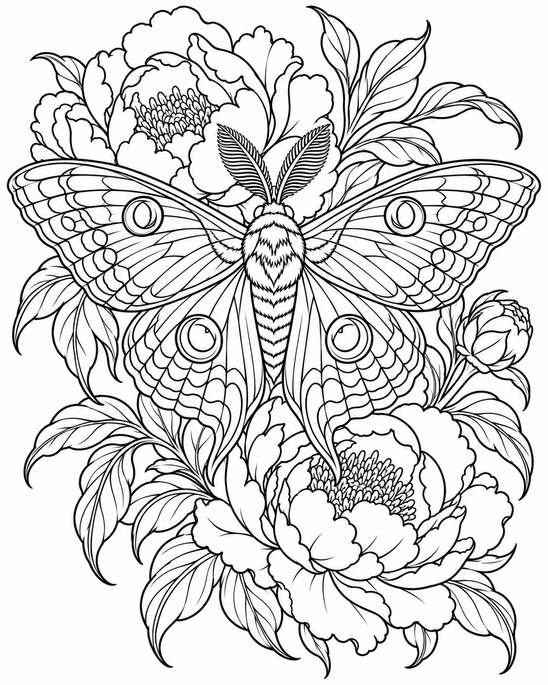 Outline-only stencil study of the moth and peonies artwork